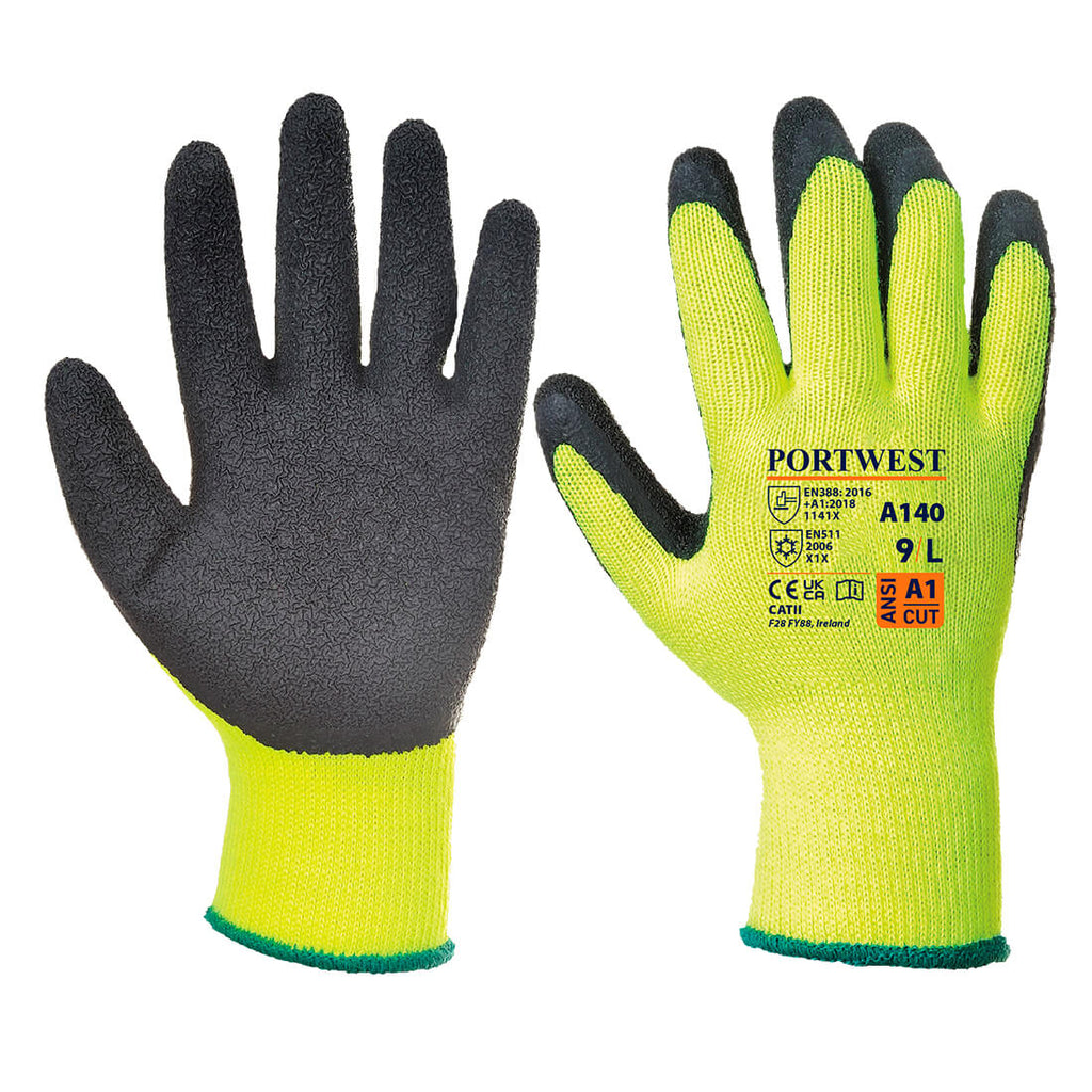 Portwest Thermo Grip Handschuh A140: gelb-schwarz, gestrickt, beschichtete Handfläche, Bündchen.