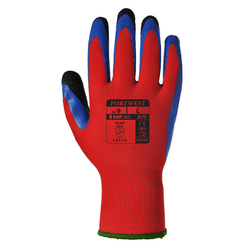 Portwest Latex-Handschuh: roter Handschuh mit blauen Latex-Flecken an Daumen und Fingern