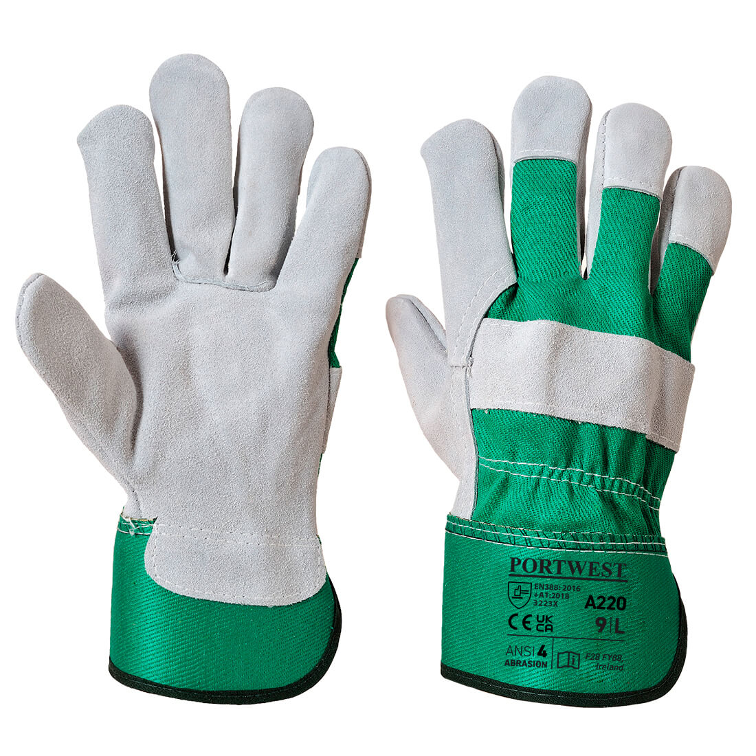 Arbeitshandschuh mit grauer Handfläche und grünem Bündchen, verstärkte Nähte