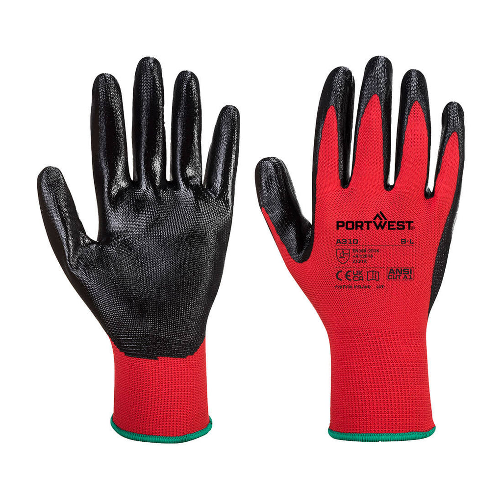 Nitrilhandschuhe mit rutschfester Griffbeschichtung, schwarzer Handfläche, rote Strickmanschette