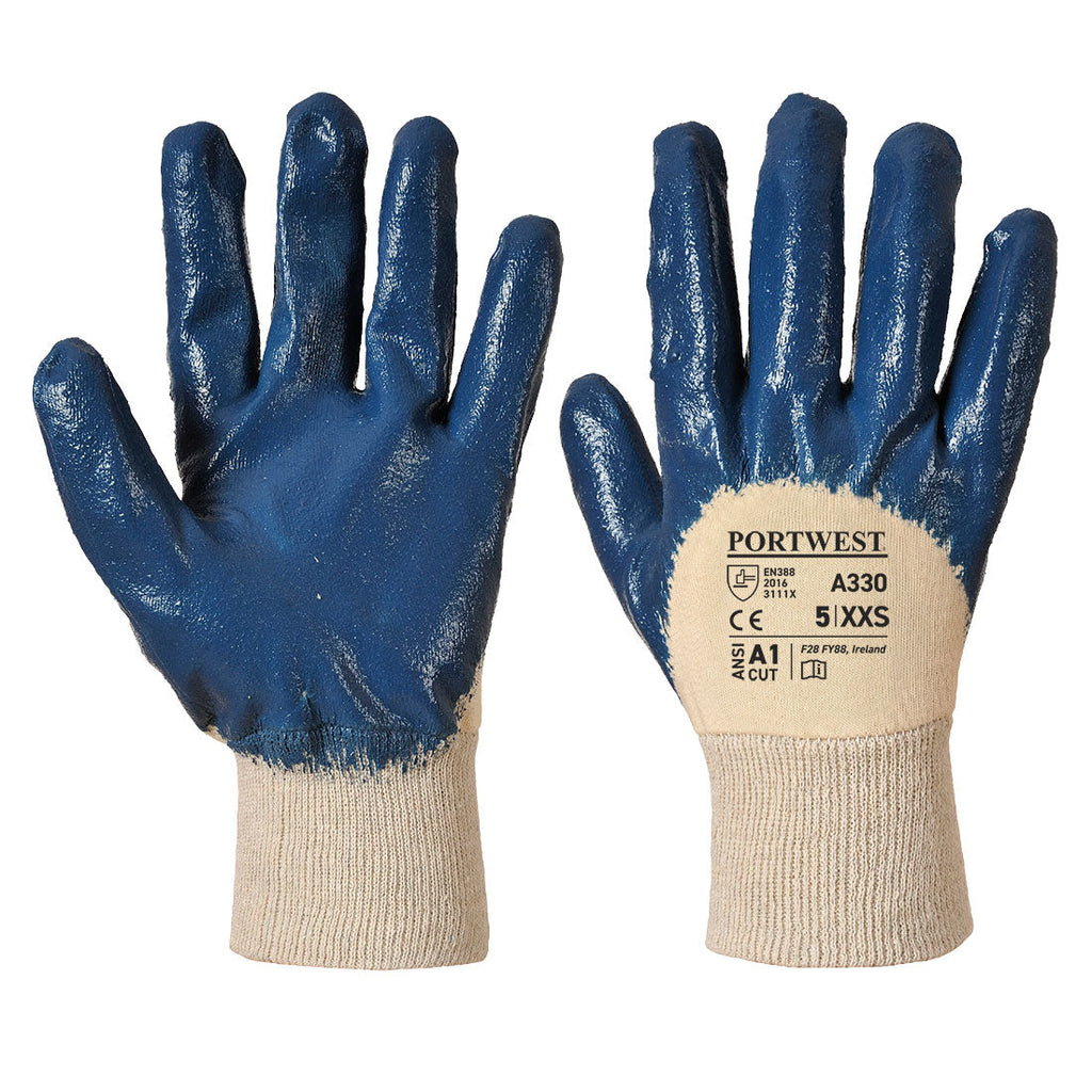 Nitrilhandschuh mit blauem Beschichtungsfilm und Strickbund, Portwest-Aufdruck
