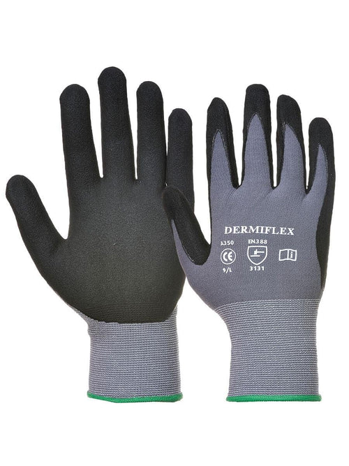 Nitrilschaum-Handschuh von Dermiflex, schwarze Beschichtung, graues Bündchen, Aufdruck