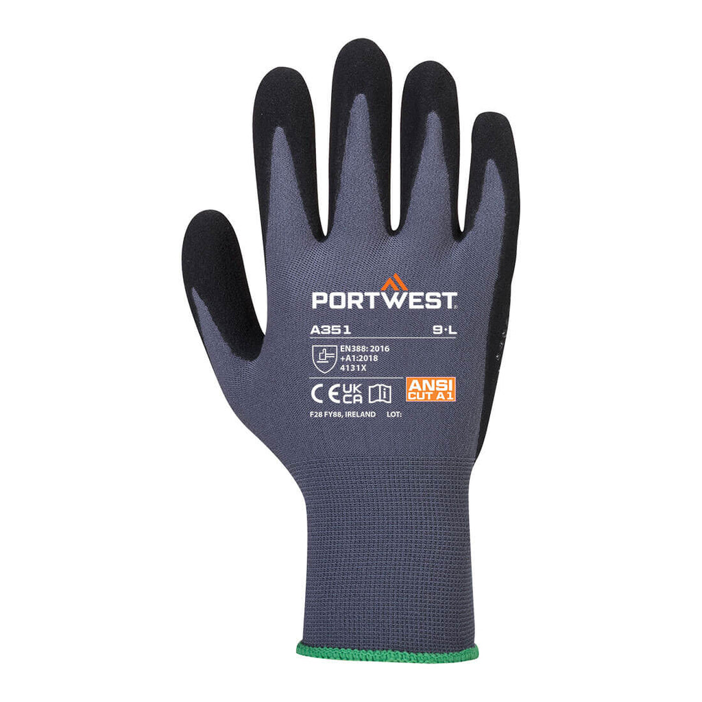 Nitrilschaum-Handschuh Portwest A351, schwarz-grau, Punktbeschichtung, grün eingefasst