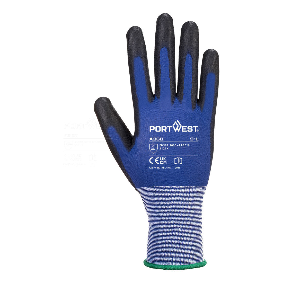 Blauer Strickhandschuh mit schwarzer Handfläche und Fingerspitzen, grüne Stulpenkante