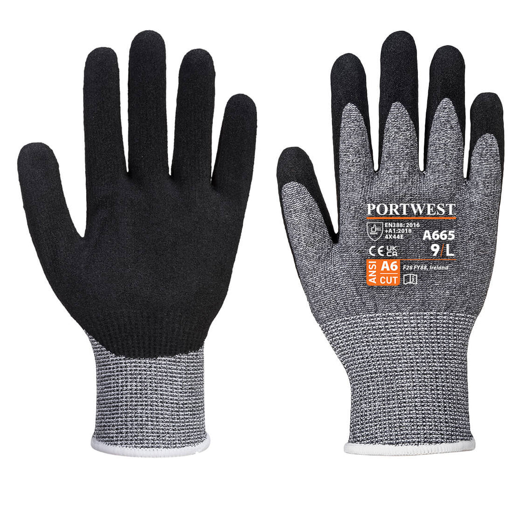 Schnittschutzhandschuh aus grauem Strick mit schwarzen Fingerspitzen und weißer Stulpe