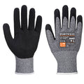 Schnittschutzhandschuh aus grauem Strick mit schwarzen Fingerspitzen und weißer Stulpe