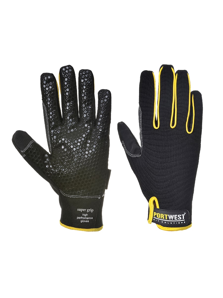 Paar Handschuhe: schwarzer Grip-Handschuh mit genoppter Fläche und gelben Nähten