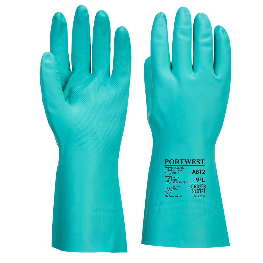 Latex-Stulpenhandschuhe aus türkisfarbenem Material, lang mit PORTWEST-Logo