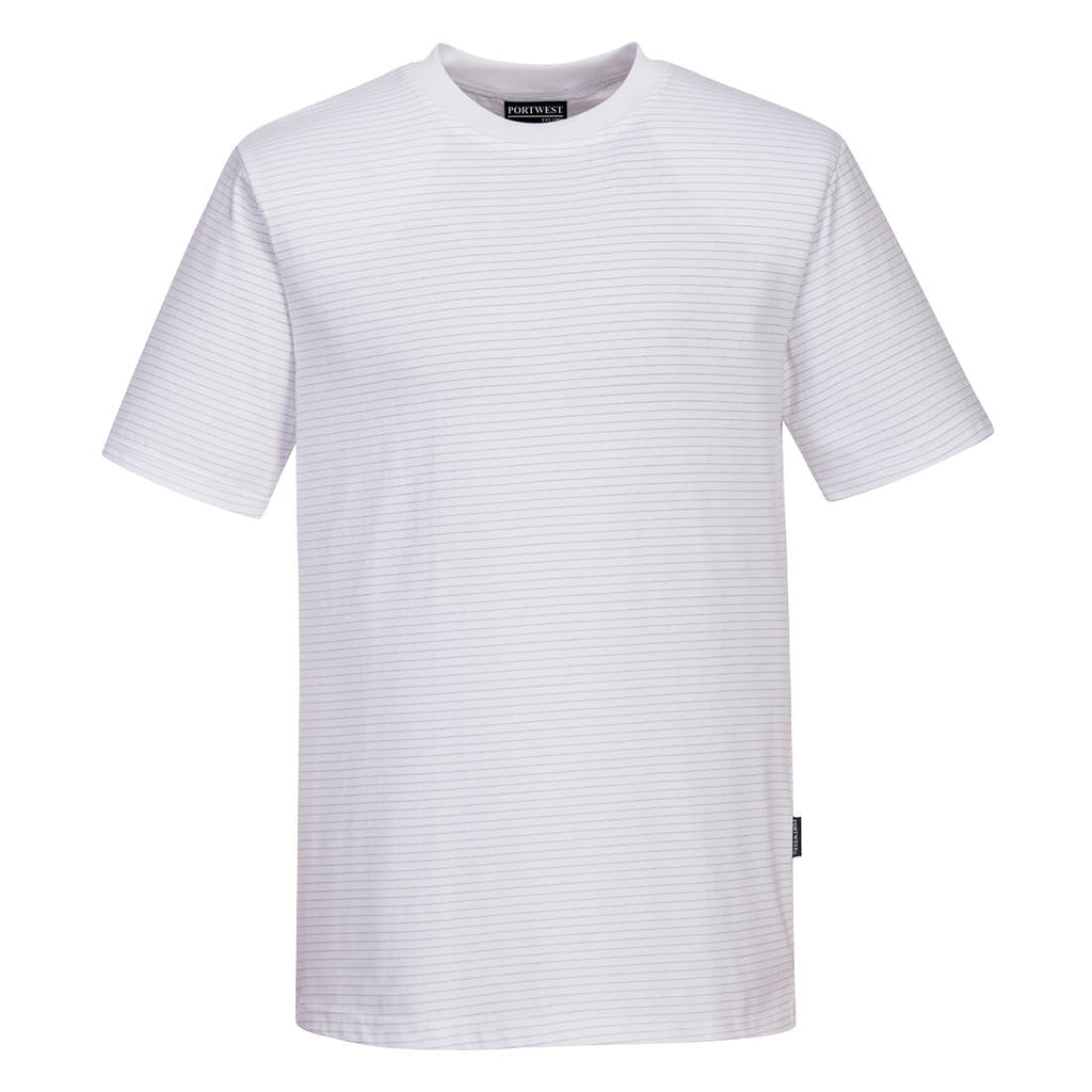 Antistatisches ESD T‑Shirt, helles Weiß, kurze Ärmel, dezente Querstreifen