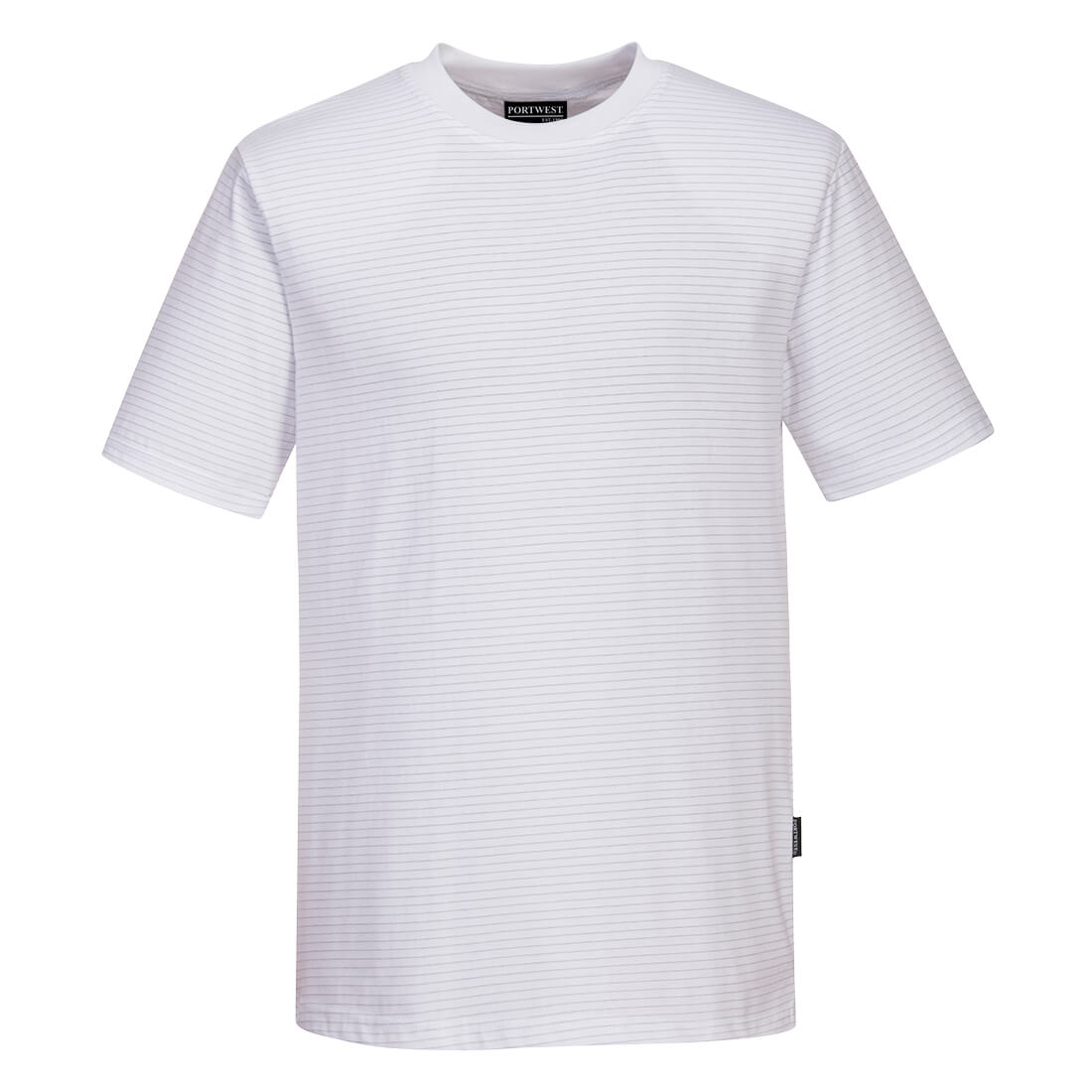 Antistatisches ESD T‑Shirt, helles Weiß, kurze Ärmel, dezente Querstreifen