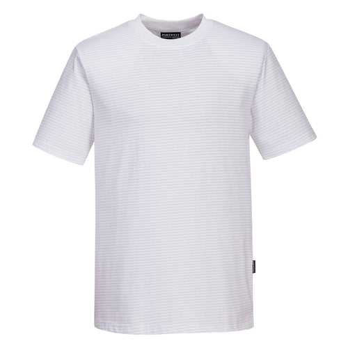 Antistatisches ESD T‑Shirt, helles Weiß, kurze Ärmel, dezente Querstreifen