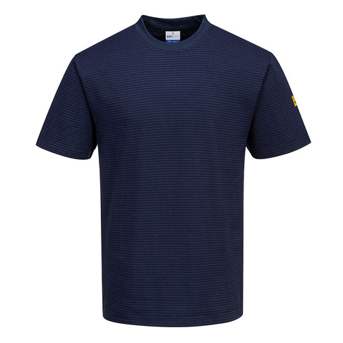 Dunkelblau gestreiftes T-Shirt mit Rundhalsausschnitt und kurzem Ärmel