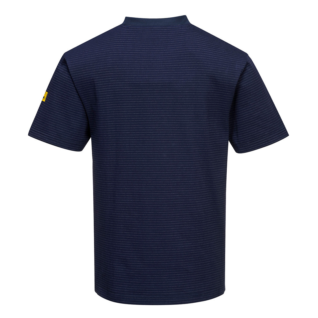 Dunkelblau gestreiftes T-Shirt, Rückansicht, Rundhalsausschnitt; gelbes Ärmel-Logo