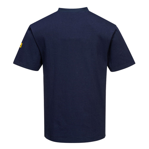 Dunkelblau gestreiftes T-Shirt, Rückansicht, Rundhalsausschnitt; gelbes Ärmel-Logo