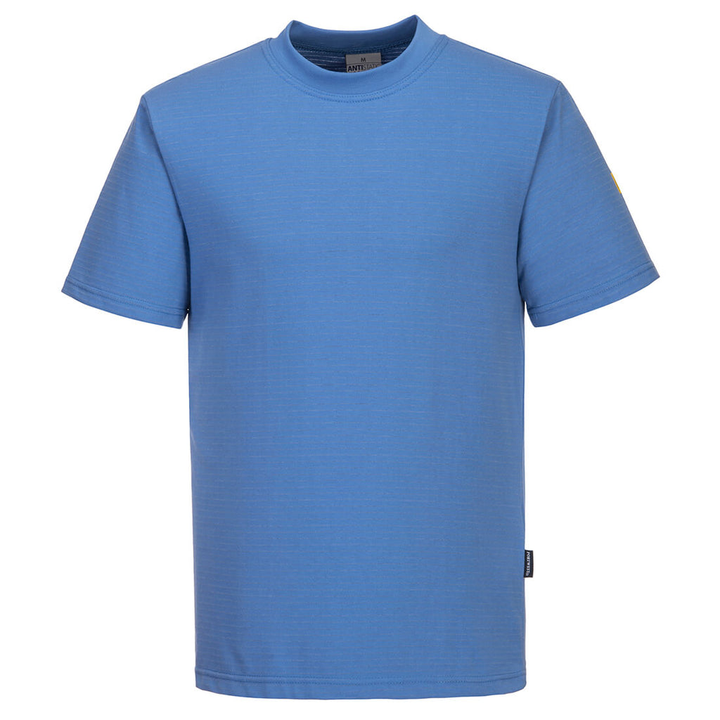 Blaues ESD-T-Shirt, antistatisch, Rundhalsausschnitt, kurzärmelig.