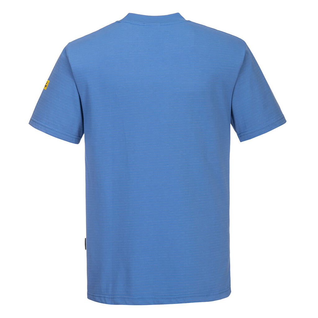 Blaues ESD-T-Shirt antistatisch, Rückansicht, Rundhalsausschnitt, kurze Ärmel.