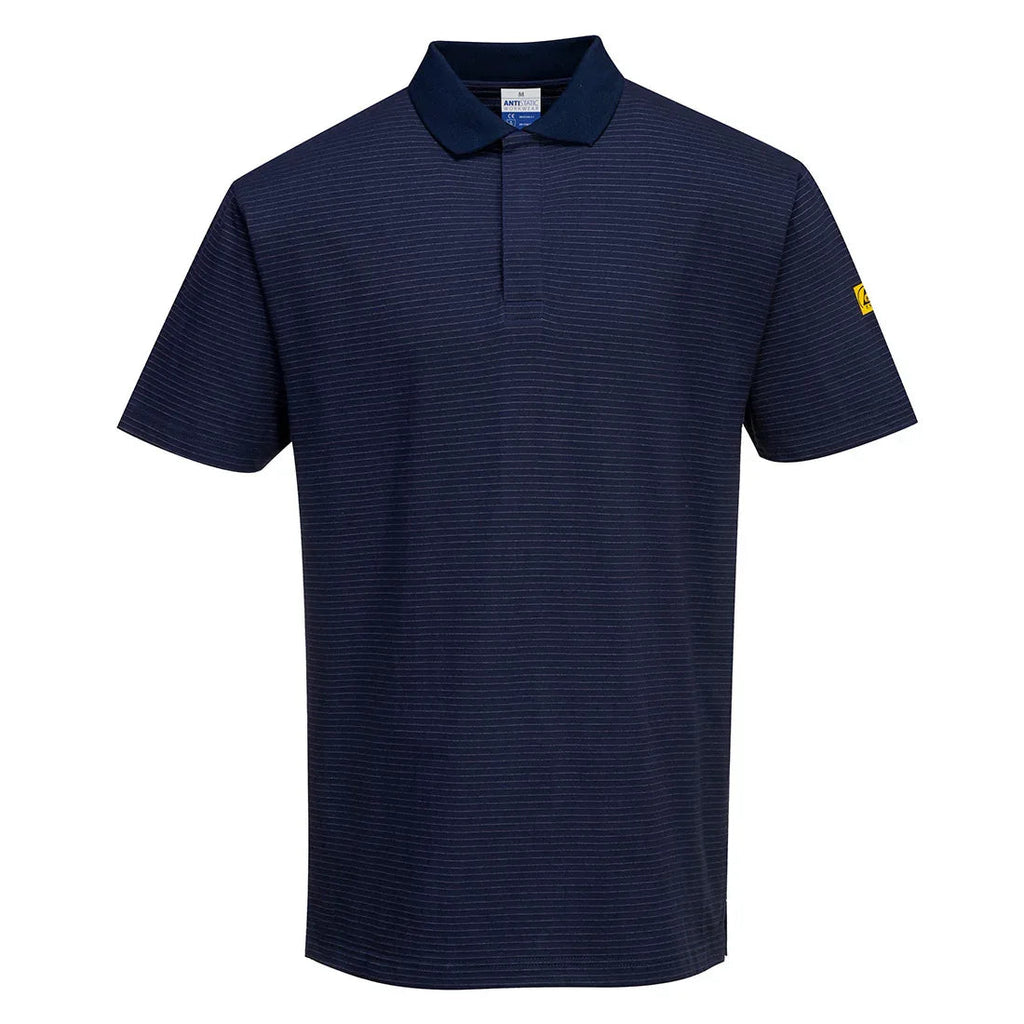 ESD-Poloshirt mit feinen Streifen, dunkelblau, Kragen und Knopfleiste, Ärmelbadge