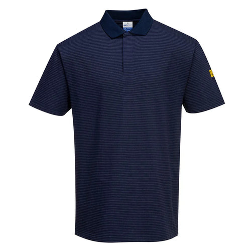 ESD-Poloshirt mit feinen Streifen, dunkelblau, Kragen und Knopfleiste, Ärmelbadge
