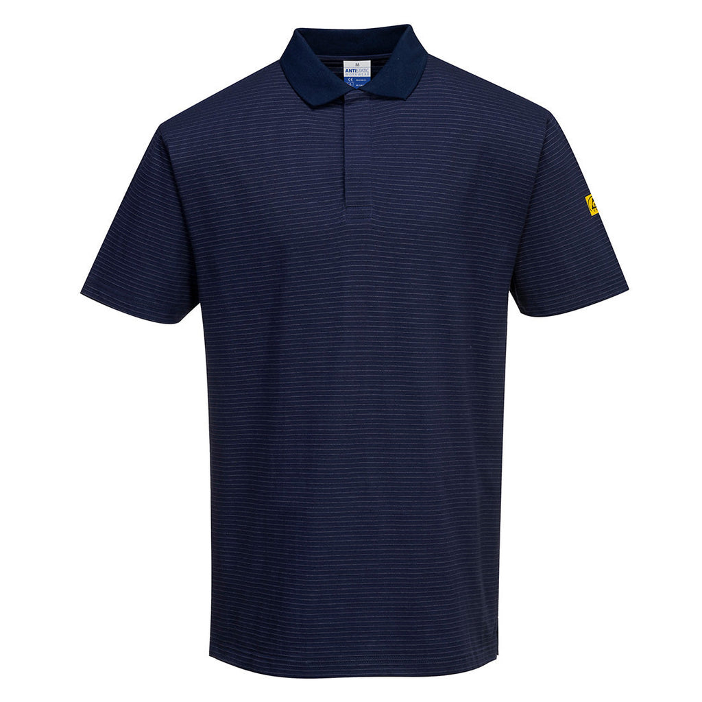 ESD-Poloshirt Vorderansicht, dunkelblau mit feinen Streifen, Kurzarm, Knopfleiste