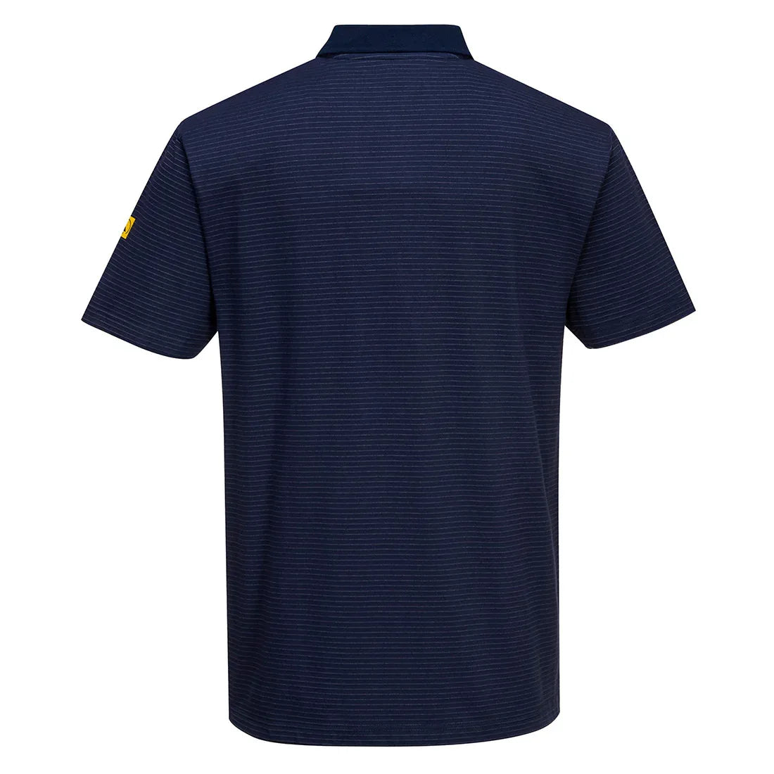 ESD-Poloshirt Rückenansicht, dunkelblau mit Mikrostreifen, Kragen, gelber Ärmelaufnäher