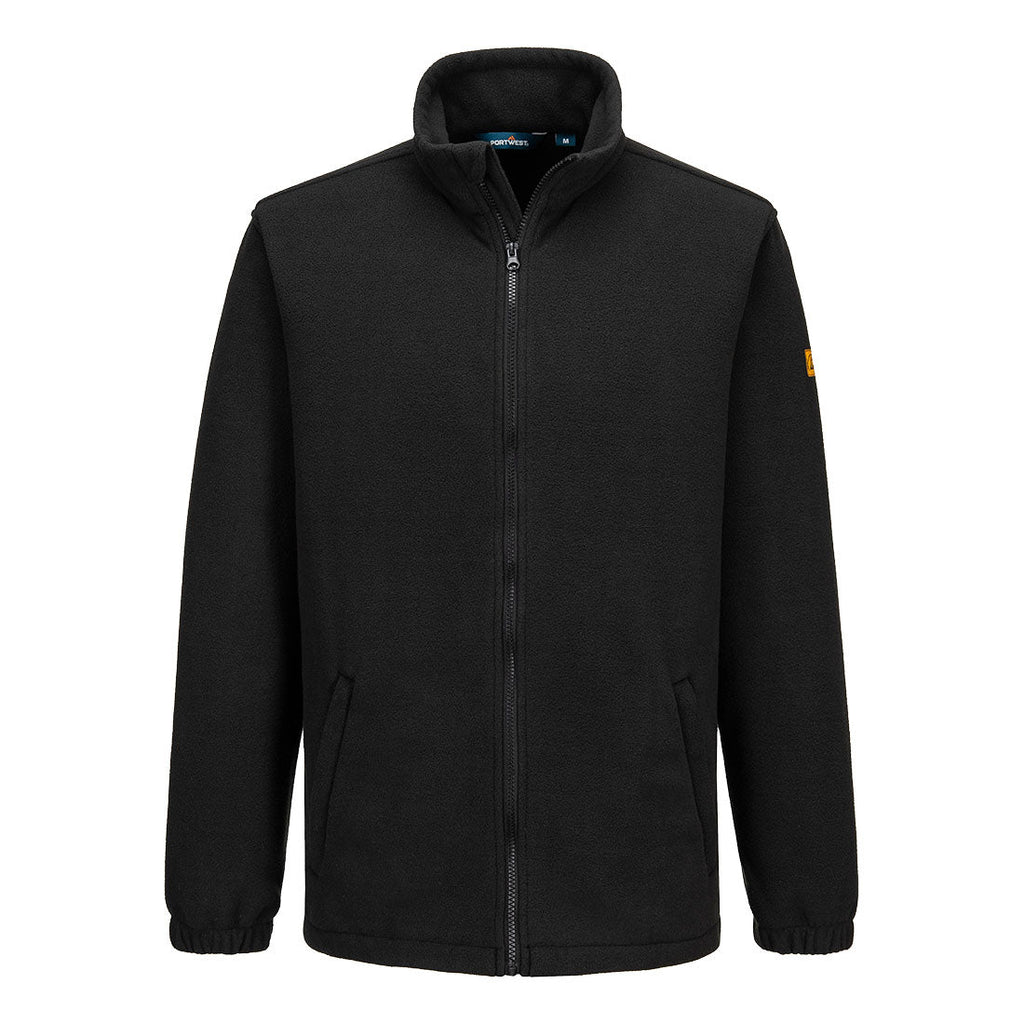 Schwarze Fleecejacke mit durchgehendem Reißverschluss, Stehkragen und Seitentaschen