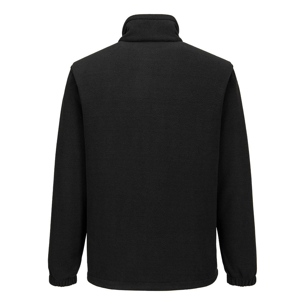 Schwarze Fleecejacke Rückansicht mit Stehkragen und durchgehendem Reißverschluss