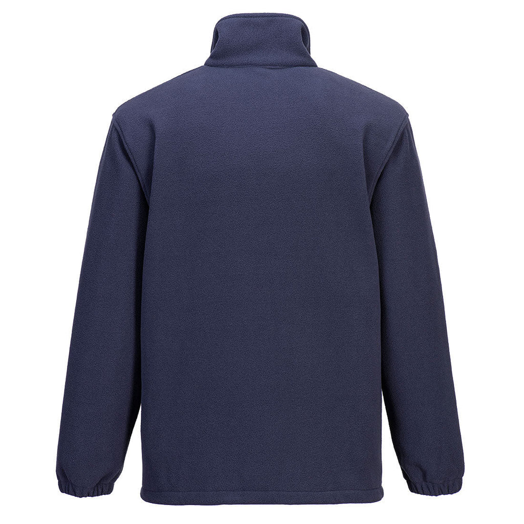 Dunkelblaue Fleecejacke mit Stehkragen auf Rückansicht