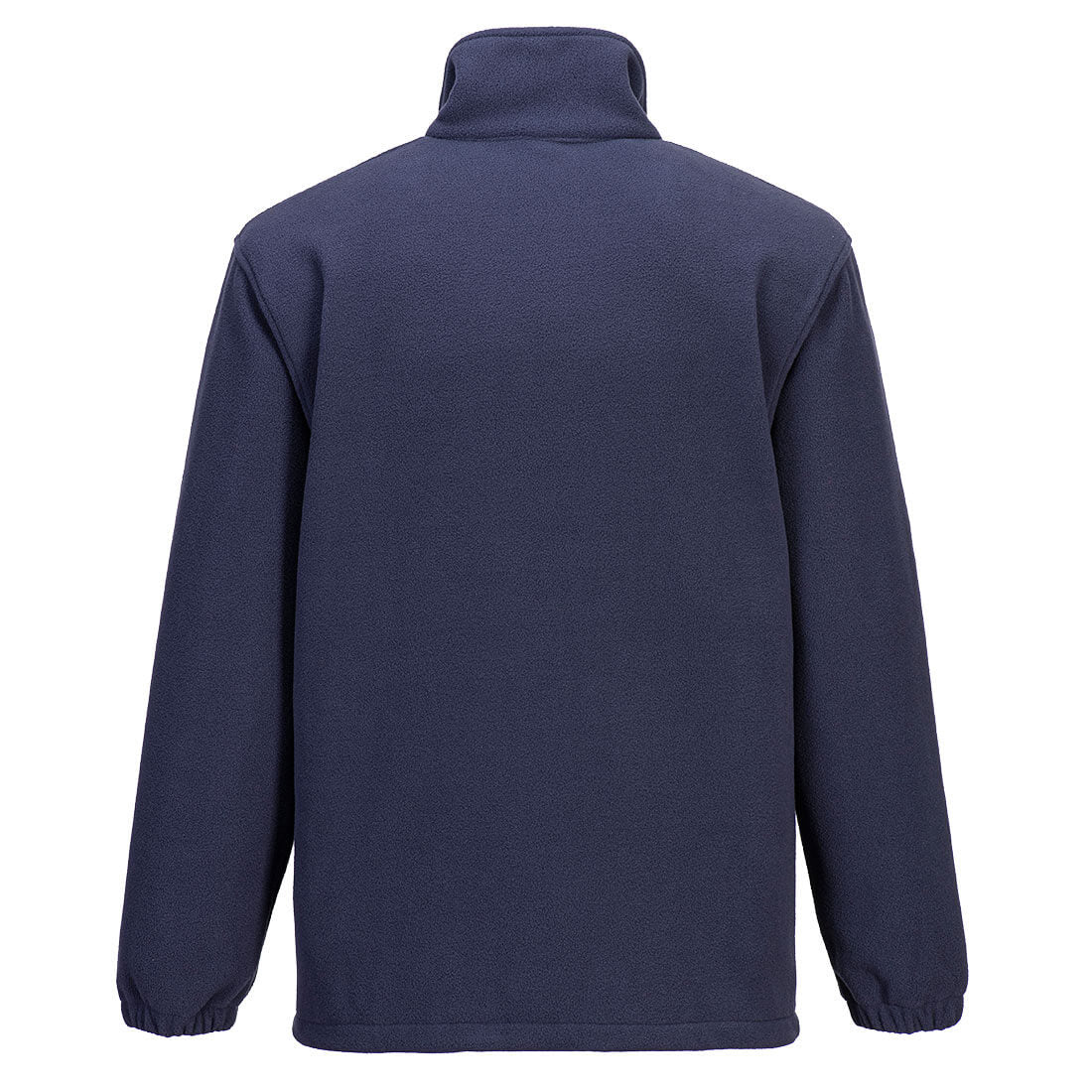 Dunkelblaue Fleecejacke mit Stehkragen auf Rückansicht