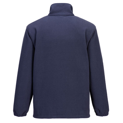 Dunkelblaue Fleecejacke mit Stehkragen auf Rückansicht