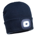 Marinefarbene LED-Beanie mit USB-Wiederaufladbarem Leuchtmodul am Umschlag