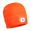 Orange Strickmütze mit wiederaufladbarer LED-Leuchte am Stirnband