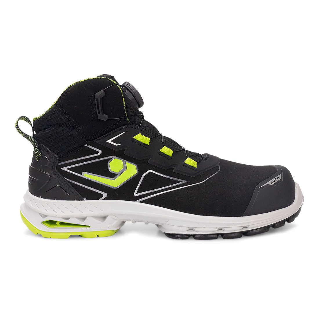 Schwarzer Sicherheitsstiefel mit Schnürung, Neon-Grün Akzenten und Profilsohle