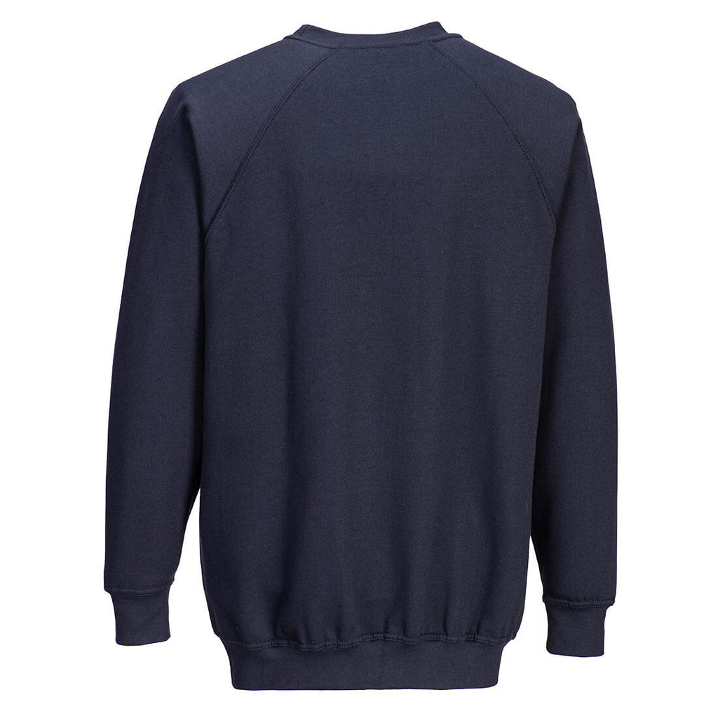 Dunkelblauer Sweatshirt-Rückenansicht mit Rundhalsausschnitt und geripptem Saum