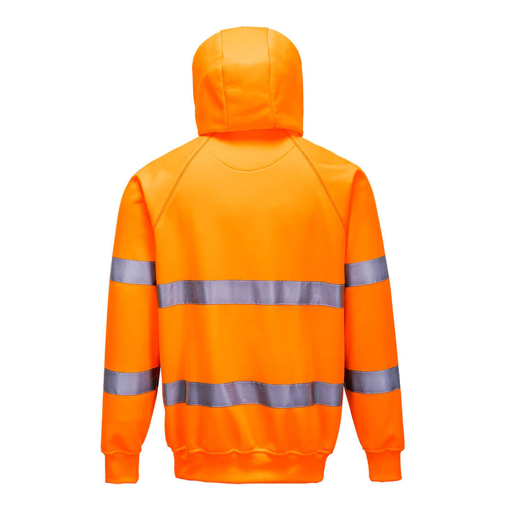 Warnschutz-Kapuzen-Sweatshirt orange, Rückansicht mit reflektierenden Streifen