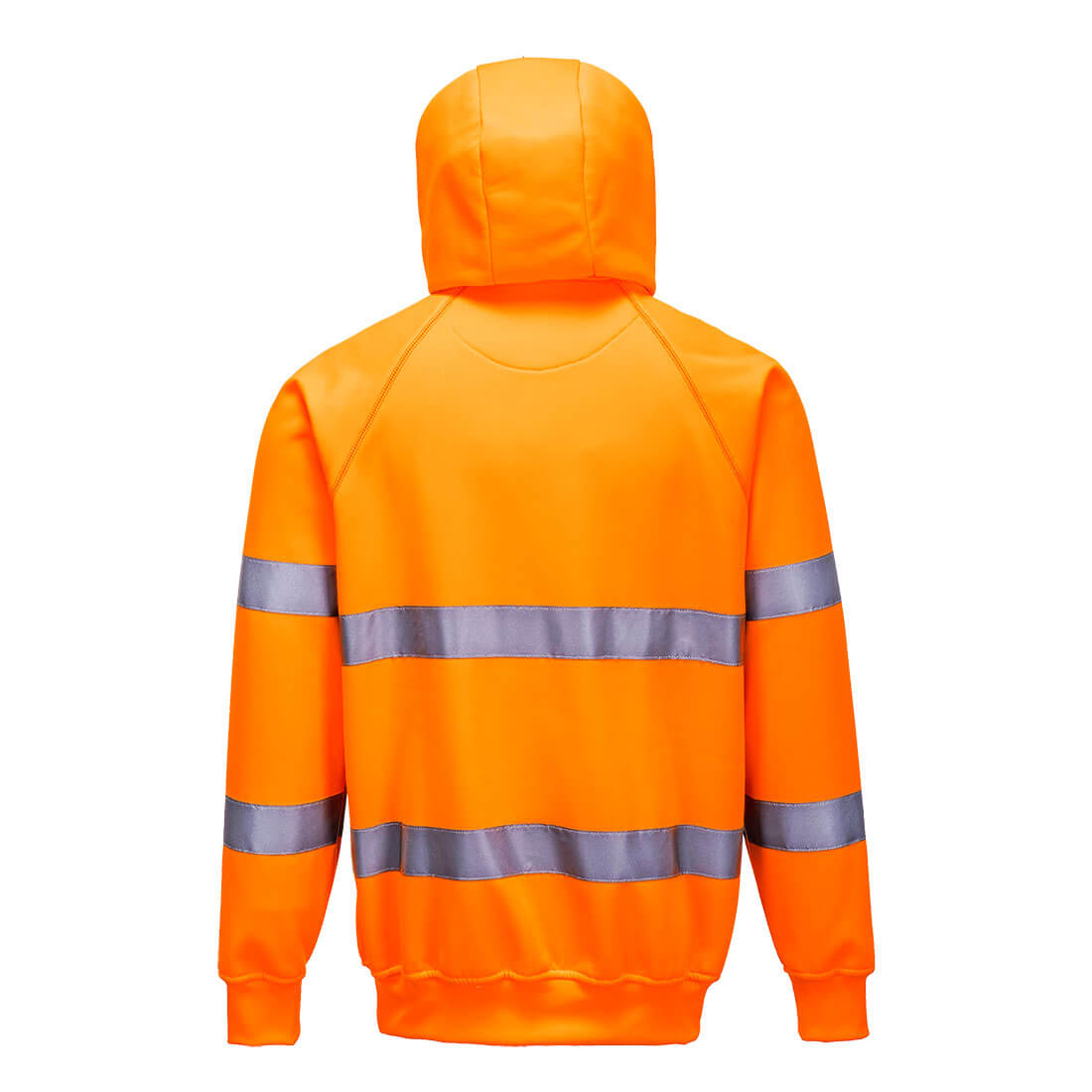 Warnschutz-Kapuzen-Sweatshirt orange, Rückansicht mit reflektierenden Streifen