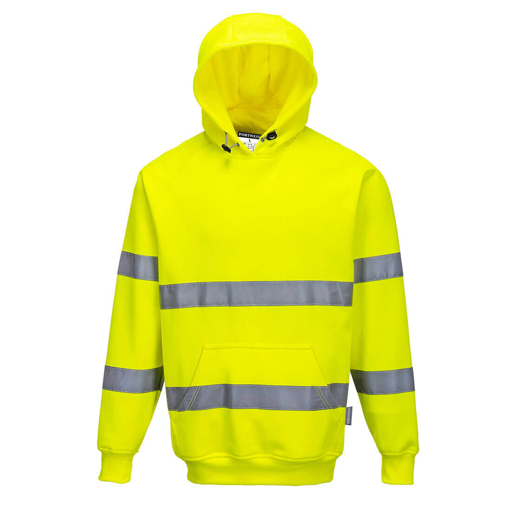 Warnschutz-Kapuzen-Sweatshirt in Gelb mit reflektierenden Streifen und Kängurutasche