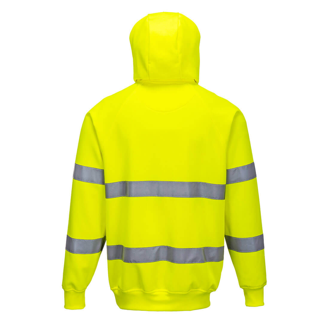 Warnschutz-Kapuzen-Sweatshirt in Gelb mit reflektierenden Streifen, Rückansicht