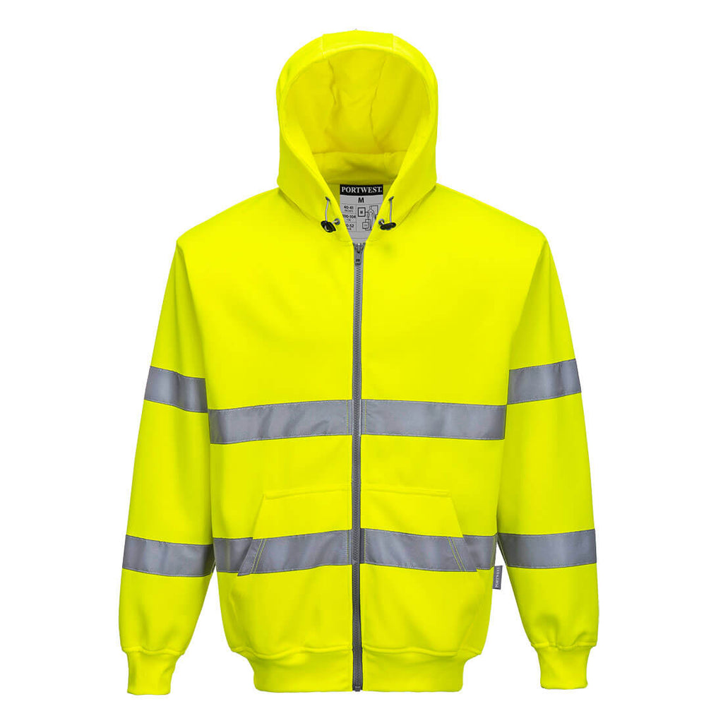 Portwest Warnschutz-Kapuzensweatjacke in Gelb mit Frontreißverschluss und reflektierenden Streifen