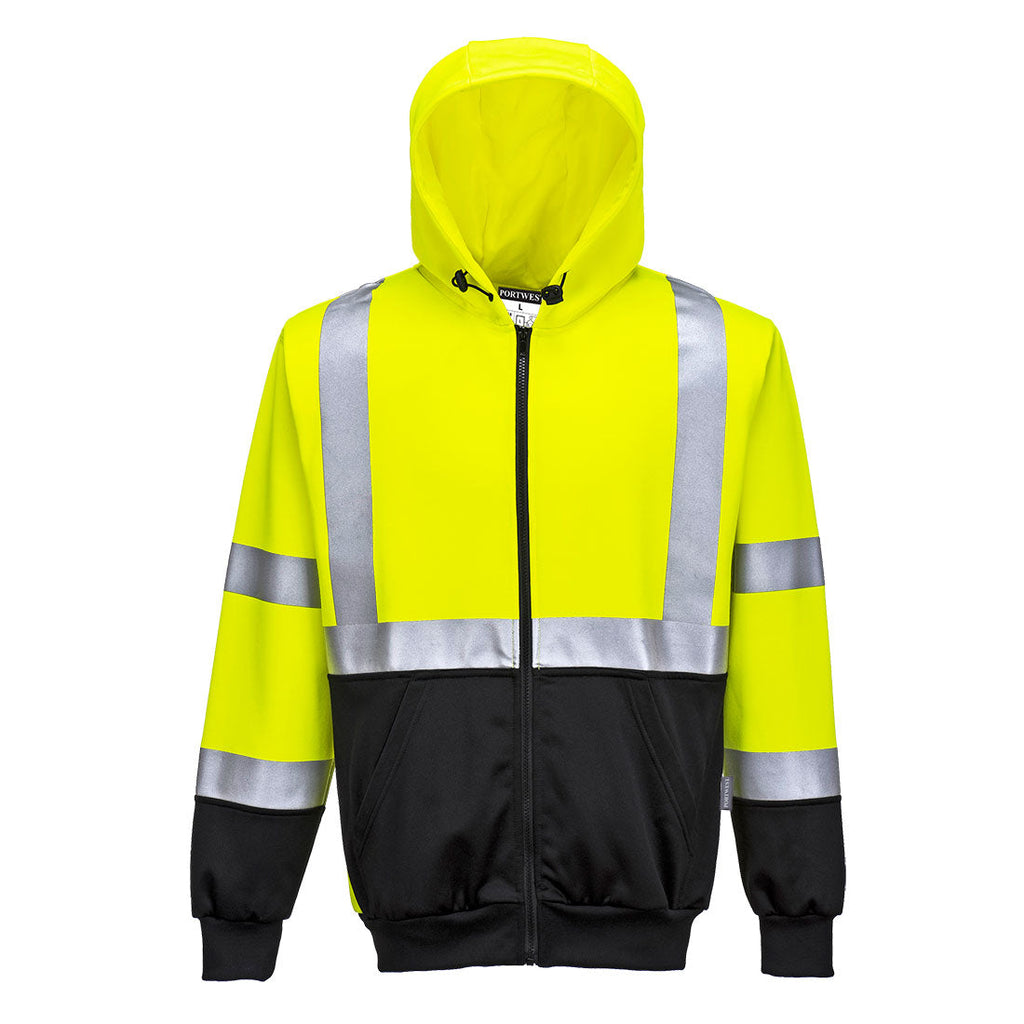 Warnschutz-Kapuzensweatjacke (2-farbig): gelb/schwarz, reflektierende Streifen vorn