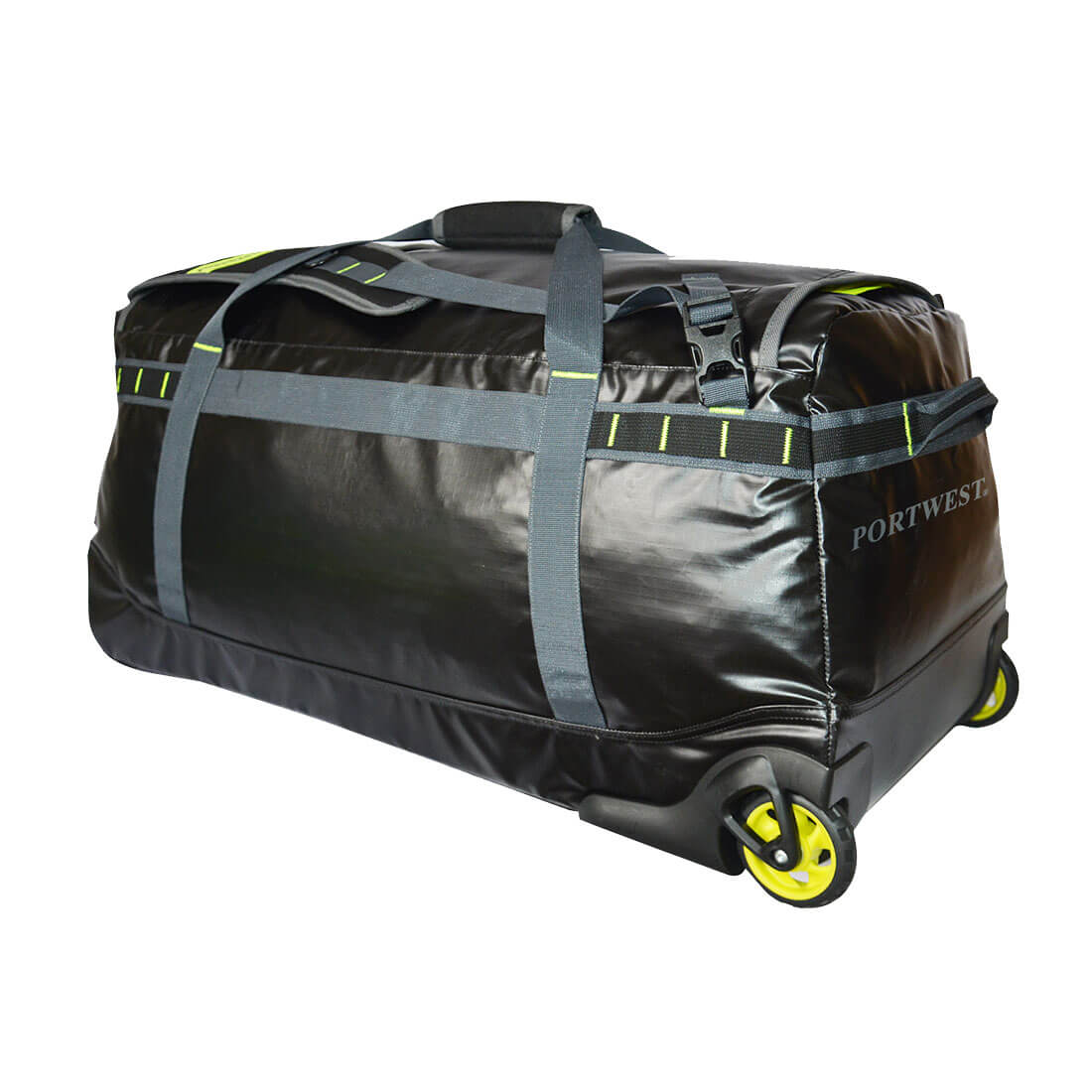 Wasserdichter Seesack-Trolley mit ausziehbarem Griff, vier Rollen, schwarz-grau, Neon-Details