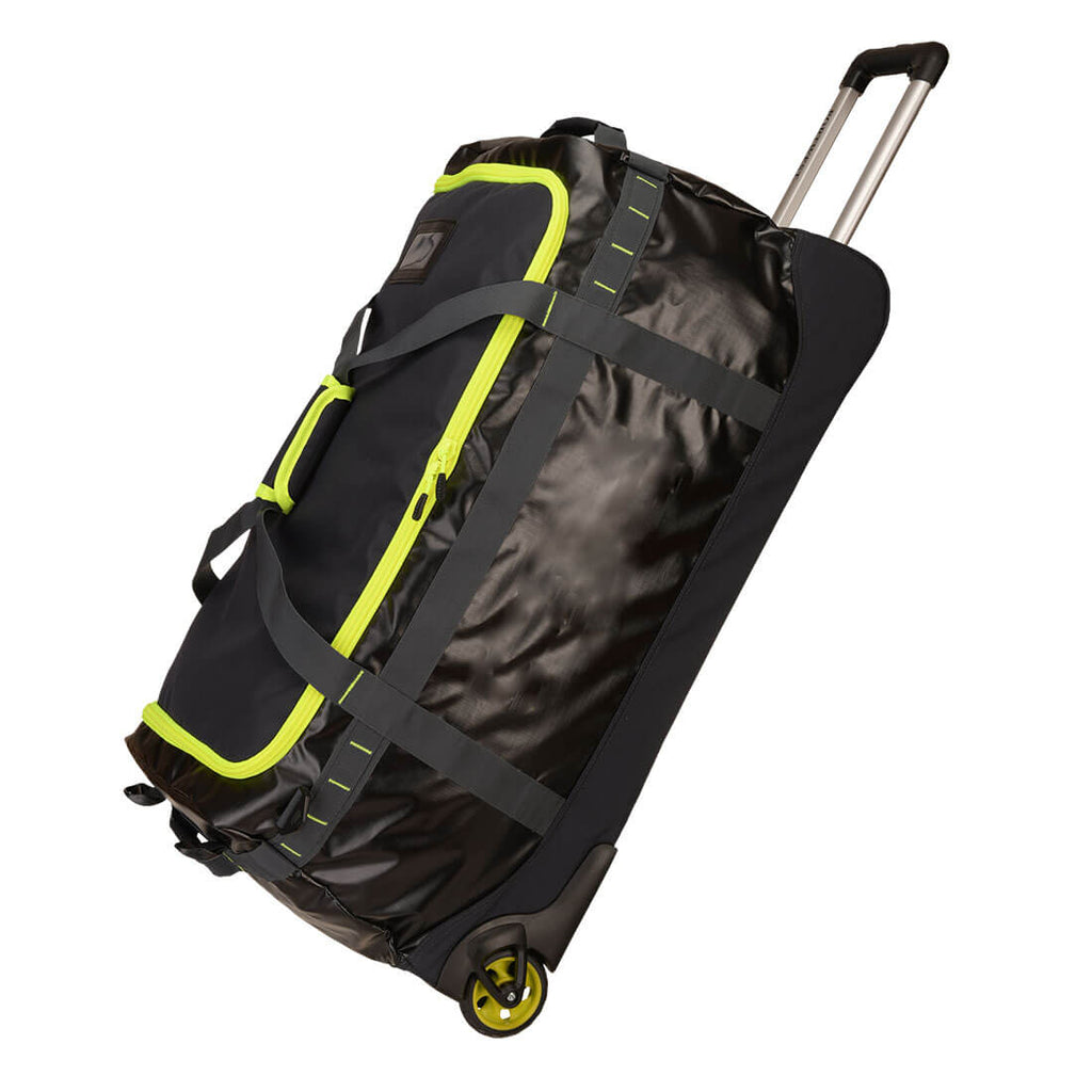 Wasserdichter Seesack-Trolley seitlich, ausziehbarer Metallgriff, vier Rollen, schwarz, Neon-Akzente