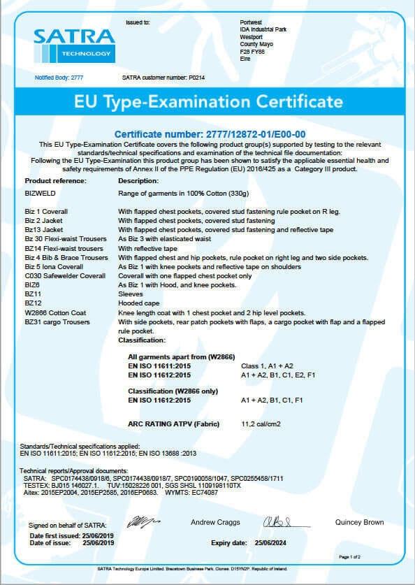 SATRA Type-Examination-Zertifikat, Urkundenseite mit Zertifikatsnummer