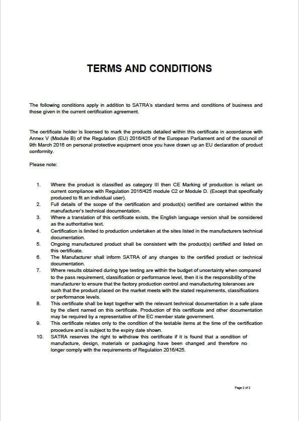 SATRA Terms and Conditions zur EU-Typ-Prüfung, Textseite