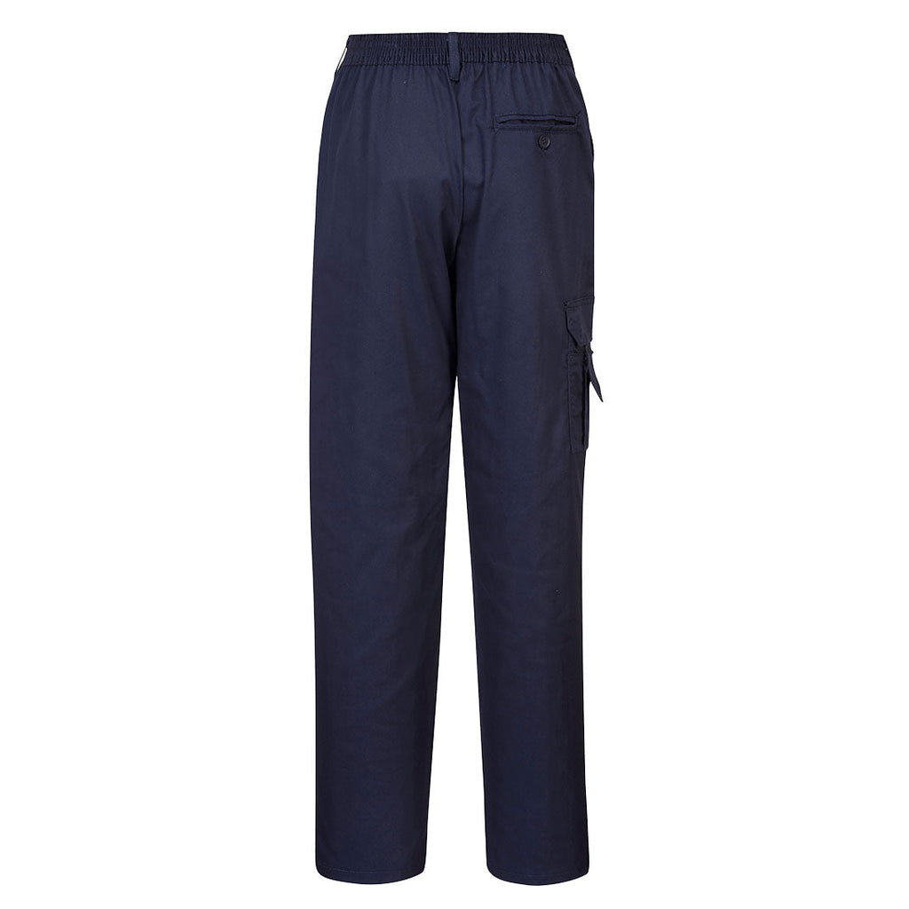 Dunkelblaue Damen-Bundhose mit Rücktasche und Taschenlasche links