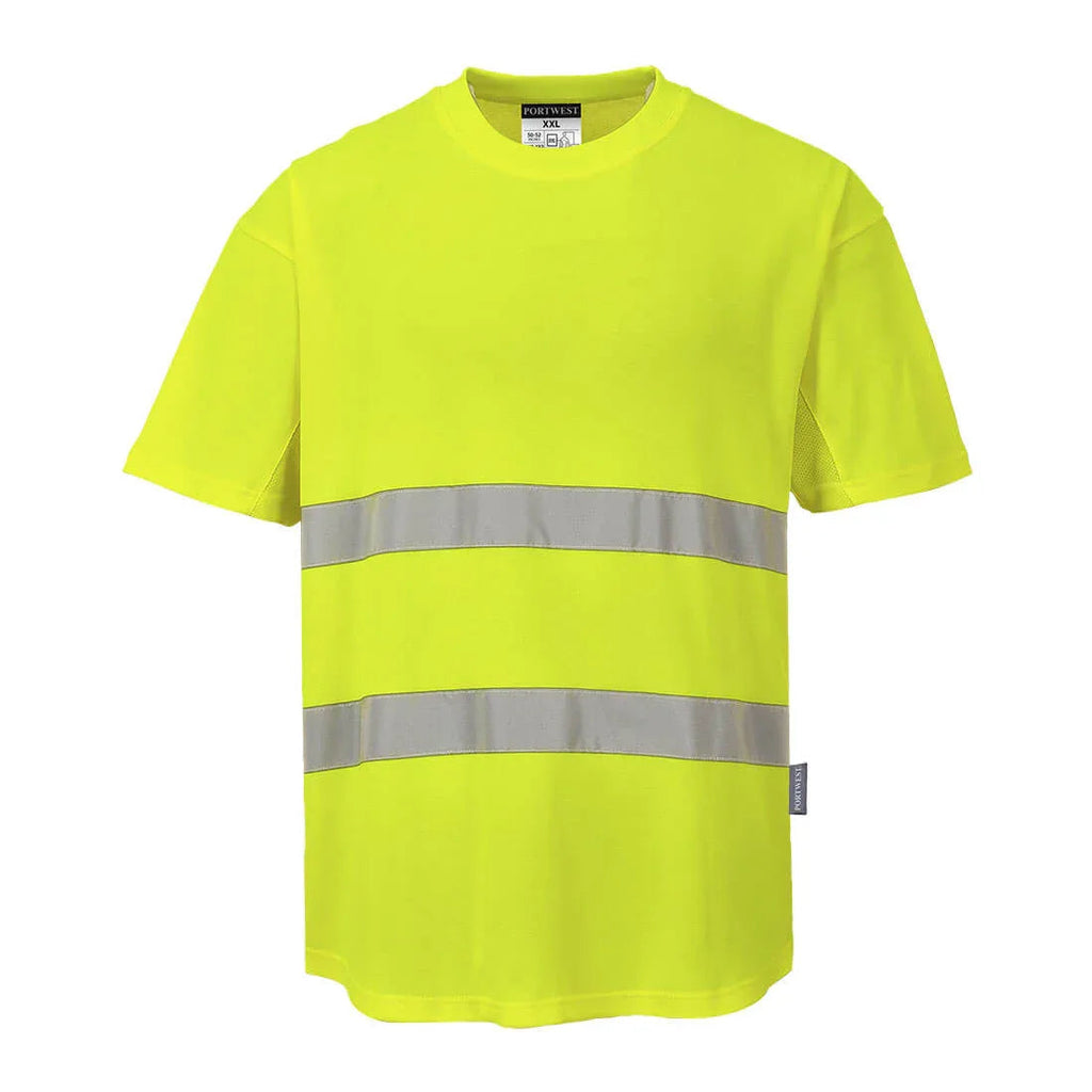 Warnschutz-T-Shirt, gelb mit reflektierenden Streifen vorn, Rundhalsausschnitt