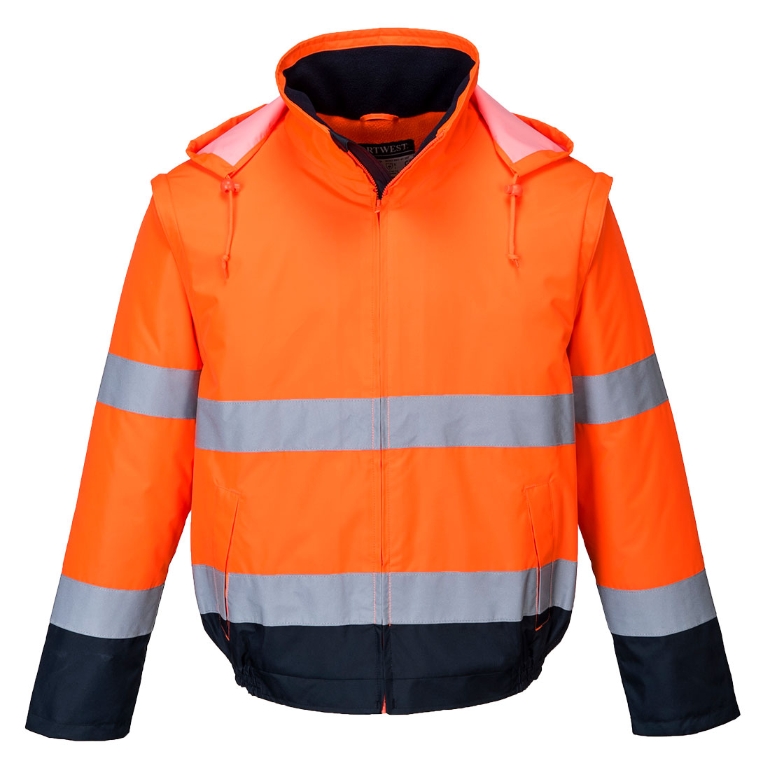 Leichte Warnschutz-Pilotjacke: orange mit Reflexstreifen, Kapuze, Reißverschluss