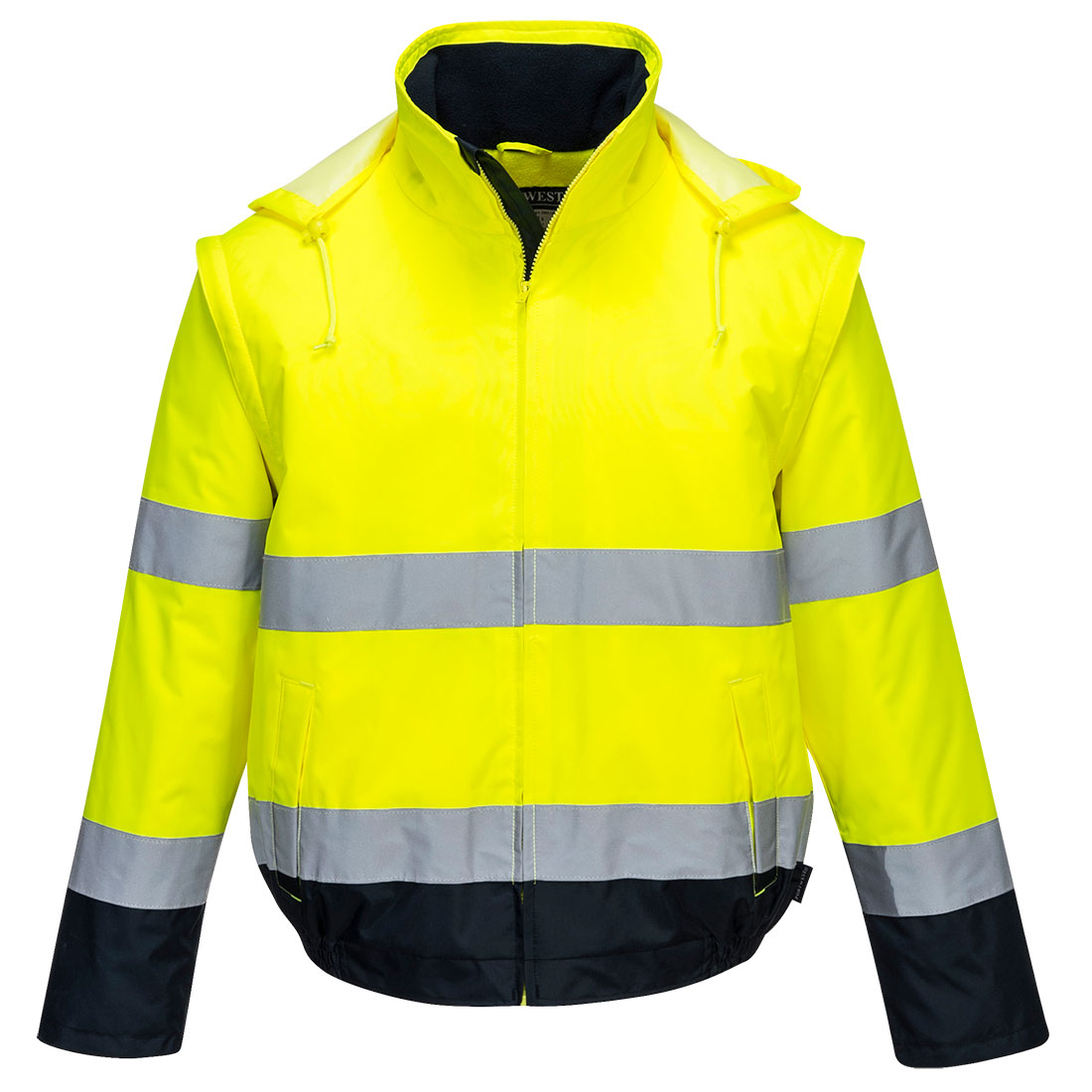 Leichte Warnschutz-Pilotjacke gelb mit Reflexstreifen, Reißverschluss, Kapuze