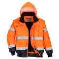 Warnschutz-Pilotjacke Portwest, orange mit Reflexstreifen und dunkelblauer Unterseite, Kapuze