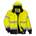 Warnschutz-Pilotjacke, gelb-schwarz, Kapuze, Reflexstreifen, durchgehendem Reißverschluss