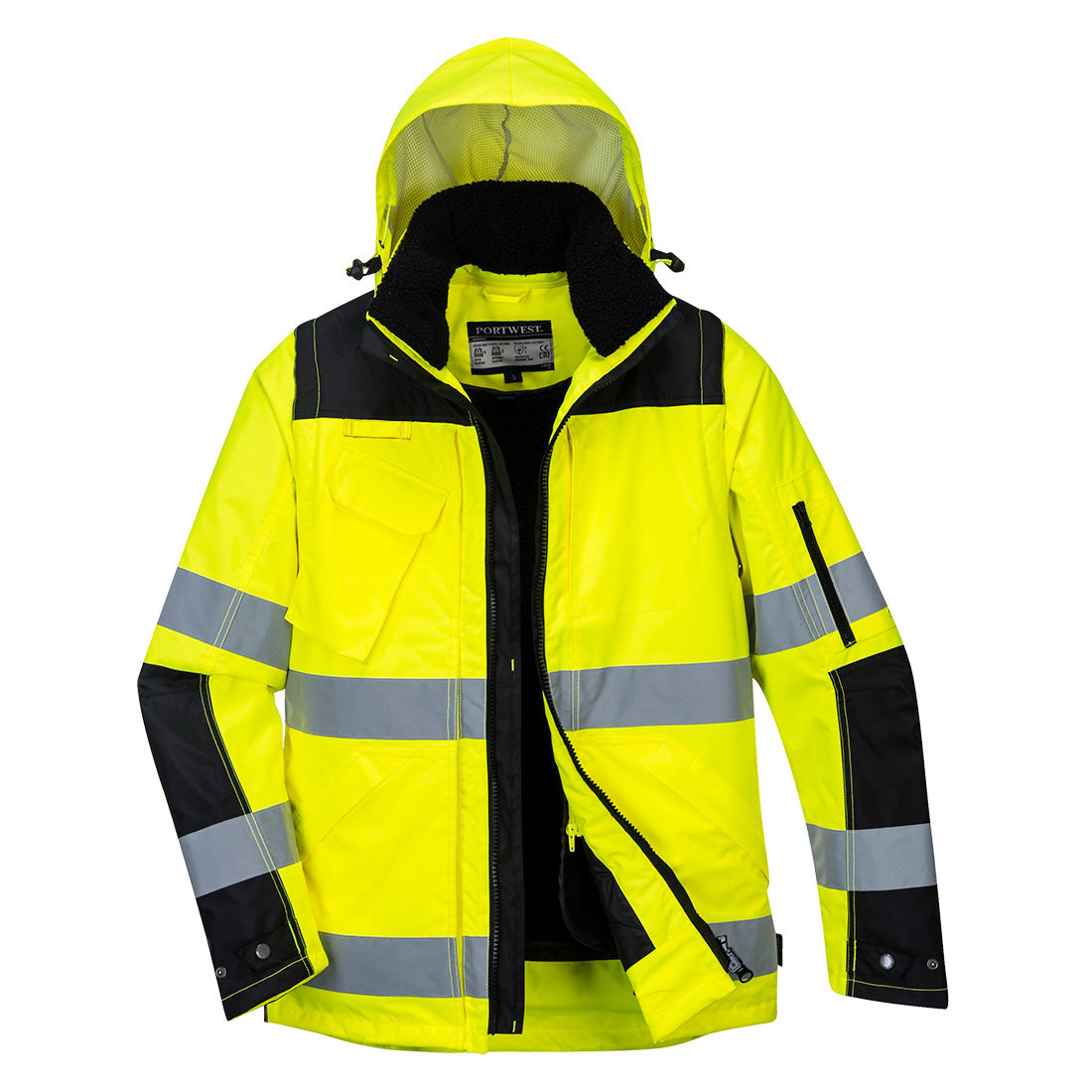 Warnschutz-Winterjacke Neon-Gelb mit reflektierenden Streifen, Kapuze, durchgehendem Reißverschluss